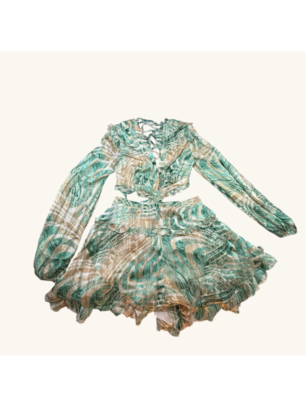 Blithe Los Angeles Romper Womens Large Green Ruffle Lace Up Boho Festival Flowy